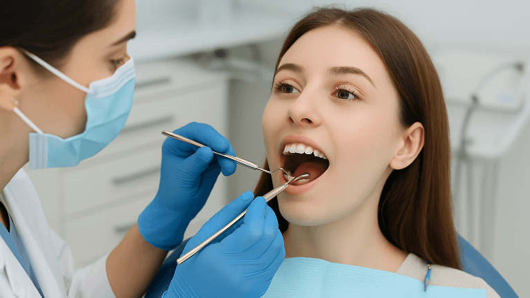 A dentist doing an Oral Examination on a female patient in Apex, NC