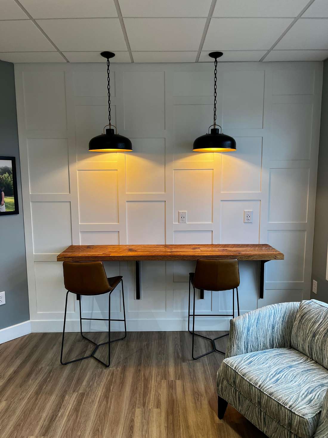 wood countertop in waiting room