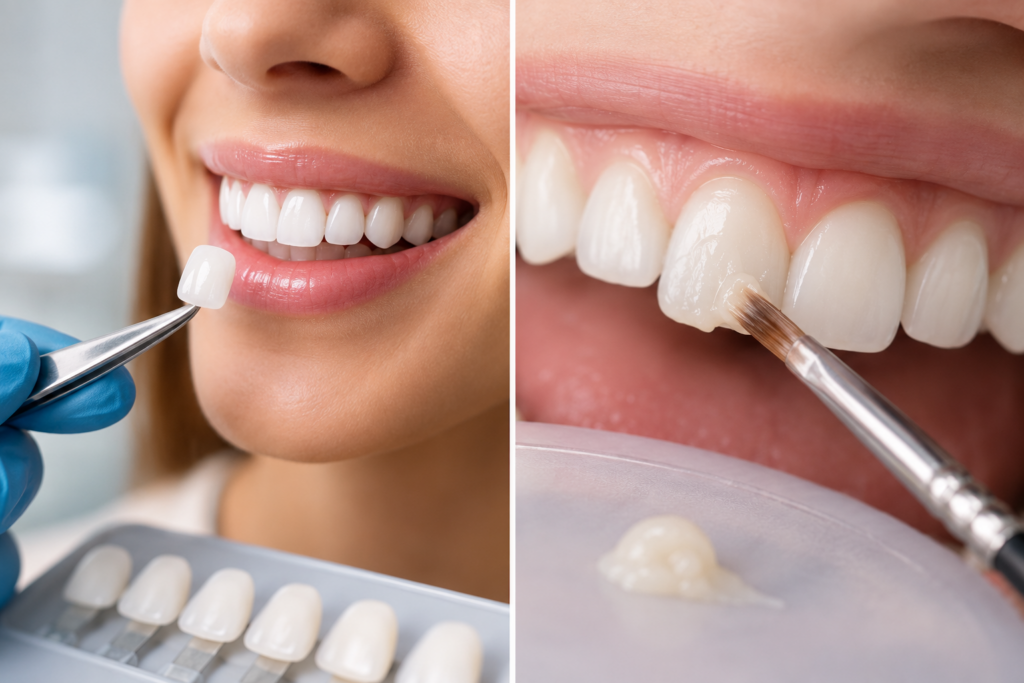 Split image comparing porcelain veneers and composite bonding, showing a veneer placement and composite resin being applied to a front tooth.