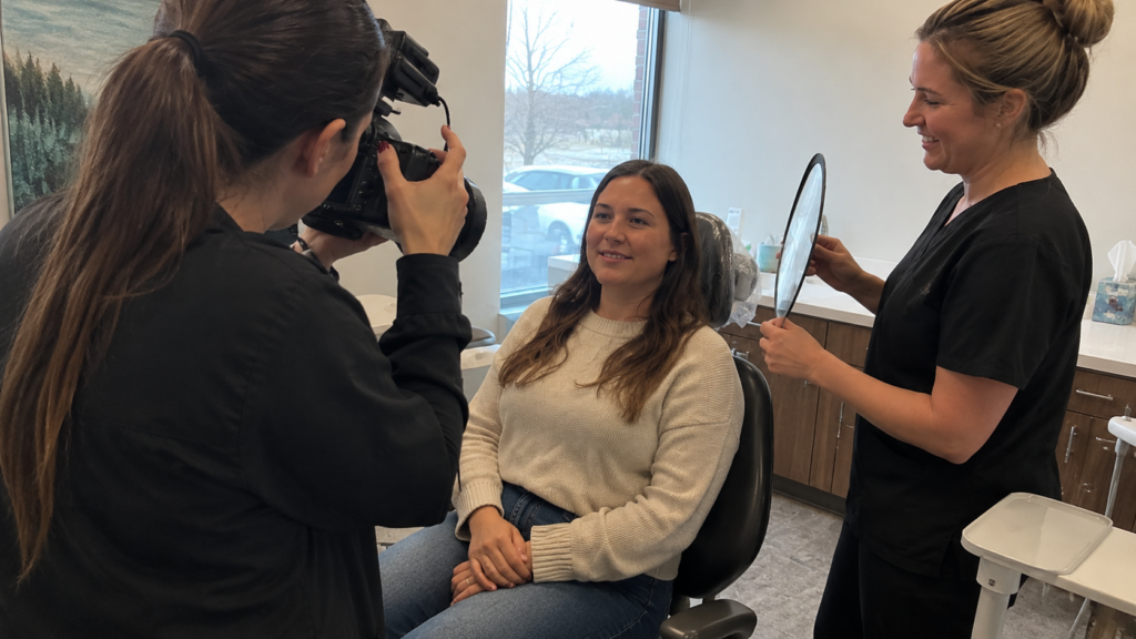 Dental team taking professional photographs of a patient's smile during a first dental visit.