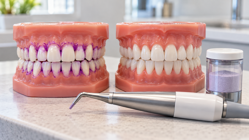 Two dental models compare purple disclosed biofilm before treatment with clean teeth after guided air polishing.